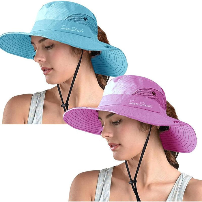 Packable Wide Brim Sun Hat With Adjustable Fit And Ponytail Opening