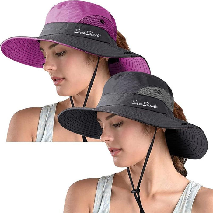 Packable Wide Brim Sun Hat With Adjustable Fit And Ponytail Opening