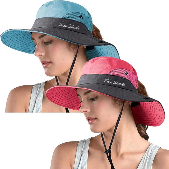 Packable Wide Brim Sun Hat With Adjustable Fit And Ponytail Opening