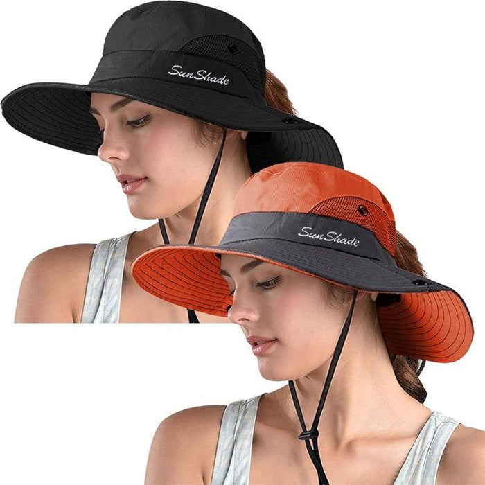 Packable Wide Brim Sun Hat With Adjustable Fit And Ponytail Opening