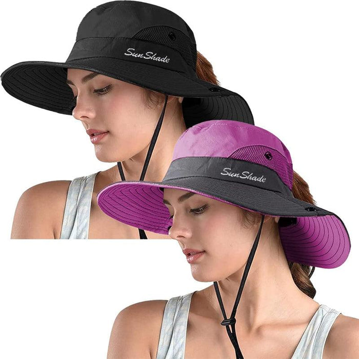 Packable Wide Brim Sun Hat With Adjustable Fit And Ponytail Opening