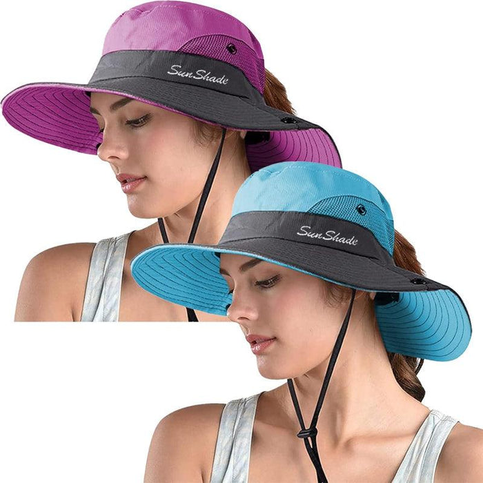 Packable Wide Brim Sun Hat With Adjustable Fit And Ponytail Opening