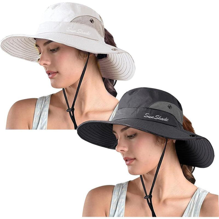 Packable Wide Brim Sun Hat With Adjustable Fit And Ponytail Opening