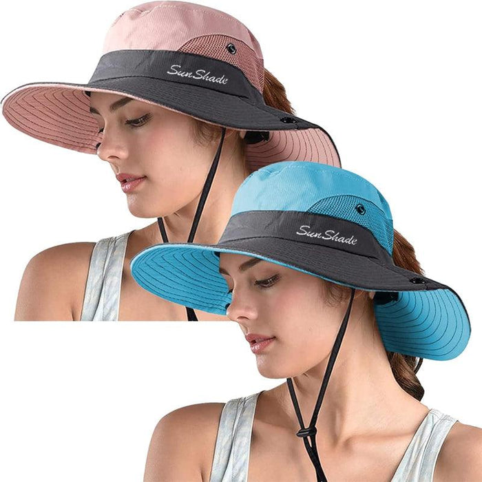 Packable Wide Brim Sun Hat With Adjustable Fit And Ponytail Opening