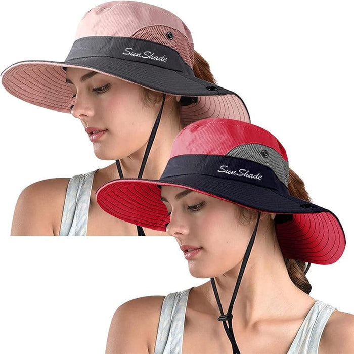 Packable Wide Brim Sun Hat With Adjustable Fit And Ponytail Opening