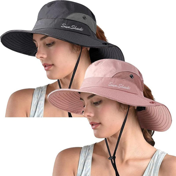 Packable Wide Brim Sun Hat With Adjustable Fit And Ponytail Opening