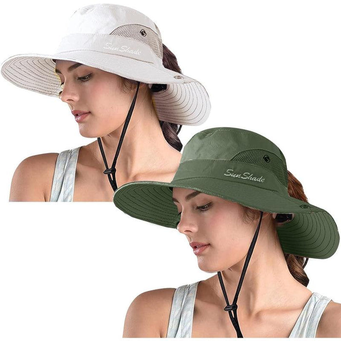 Packable Wide Brim Sun Hat With Adjustable Fit And Ponytail Opening