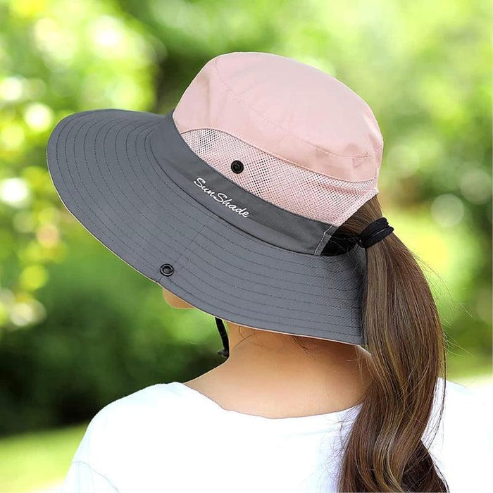 Packable Wide Brim Sun Hat With Adjustable Fit And Ponytail Opening