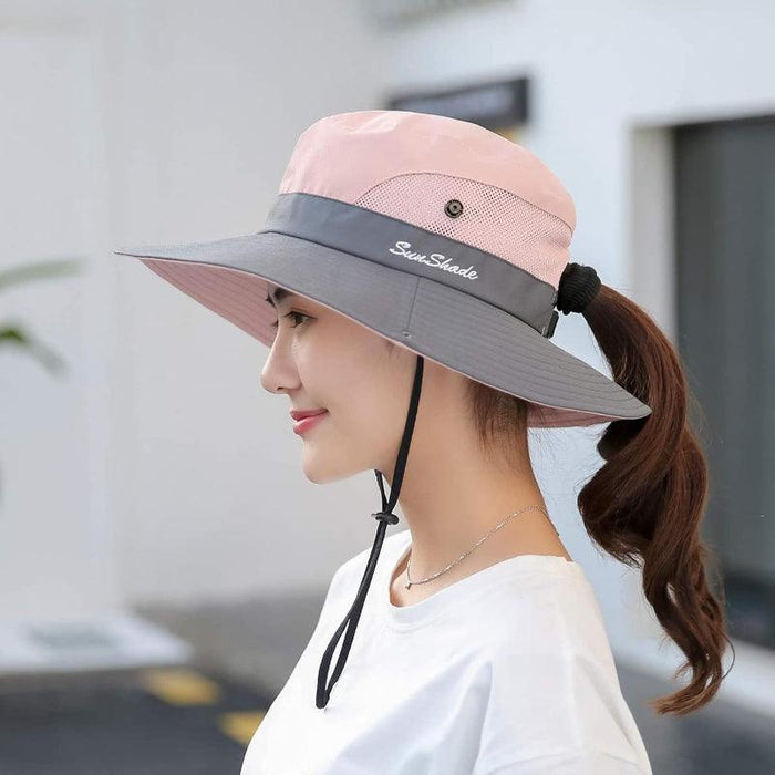 Packable Wide Brim Sun Hat With Adjustable Fit And Ponytail Opening